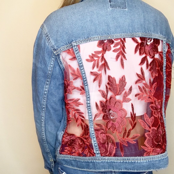 RED FLORAL LACE Patterned Distressed Denim Jacket - Picture 2 of 7
